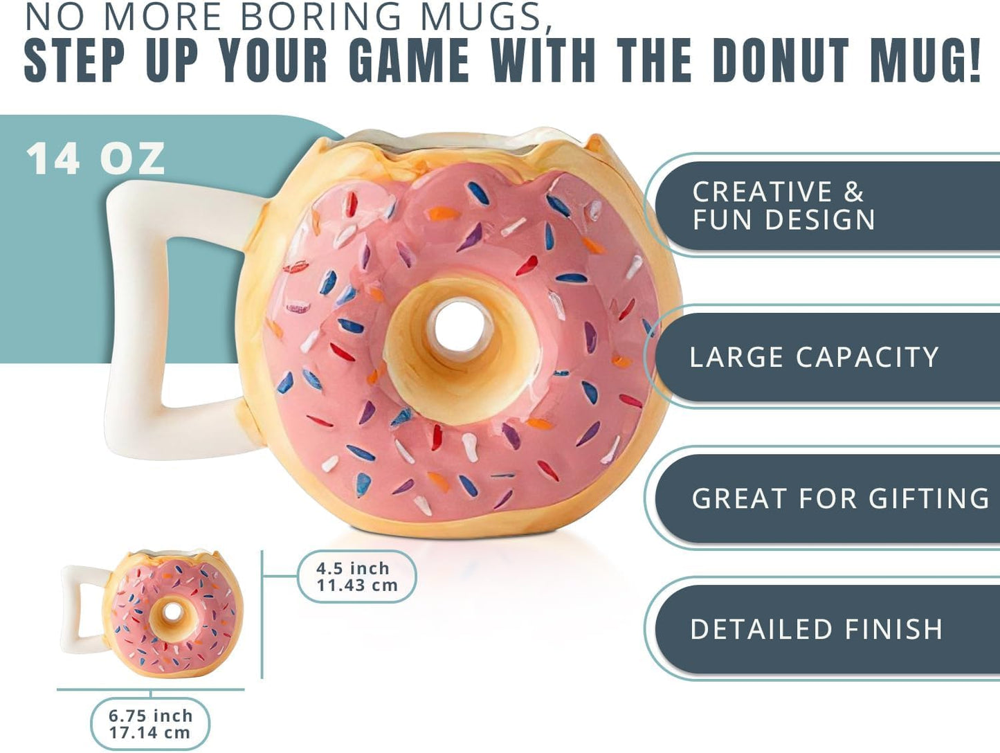Pink Ceramic Donut Ring Coffee Mug – 14 Oz – Microwave Safe | Pink Glaze; Ceramic Donut Ring; 14 Oz; 4.5"H X 6.75"W; Dishwasher & Microwave Safe; Handle; Ring Hole Limits Stirring