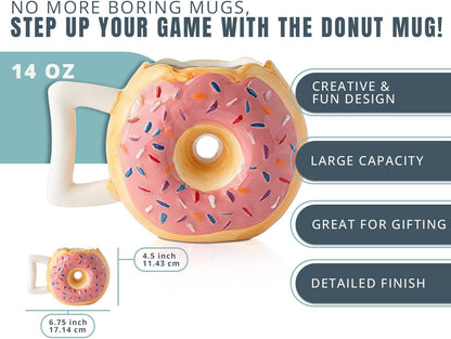 Pink Ceramic Donut Ring Coffee Mug – 14 Oz – Microwave Safe | Pink Glaze; Ceramic Donut Ring; 14 Oz; 4.5"H X 6.75"W; Dishwasher & Microwave Safe; Handle; Ring Hole Limits Stirring