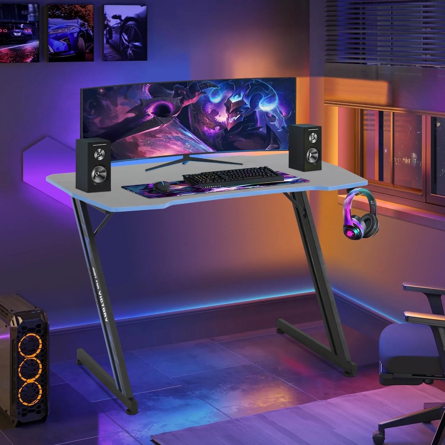 Gaming Desk 39.4 Inch Z-Shaped Computer Desk PC Computer Table Home Office Desk Ergonomic Gamer Workstation with Headphone Hook, Red