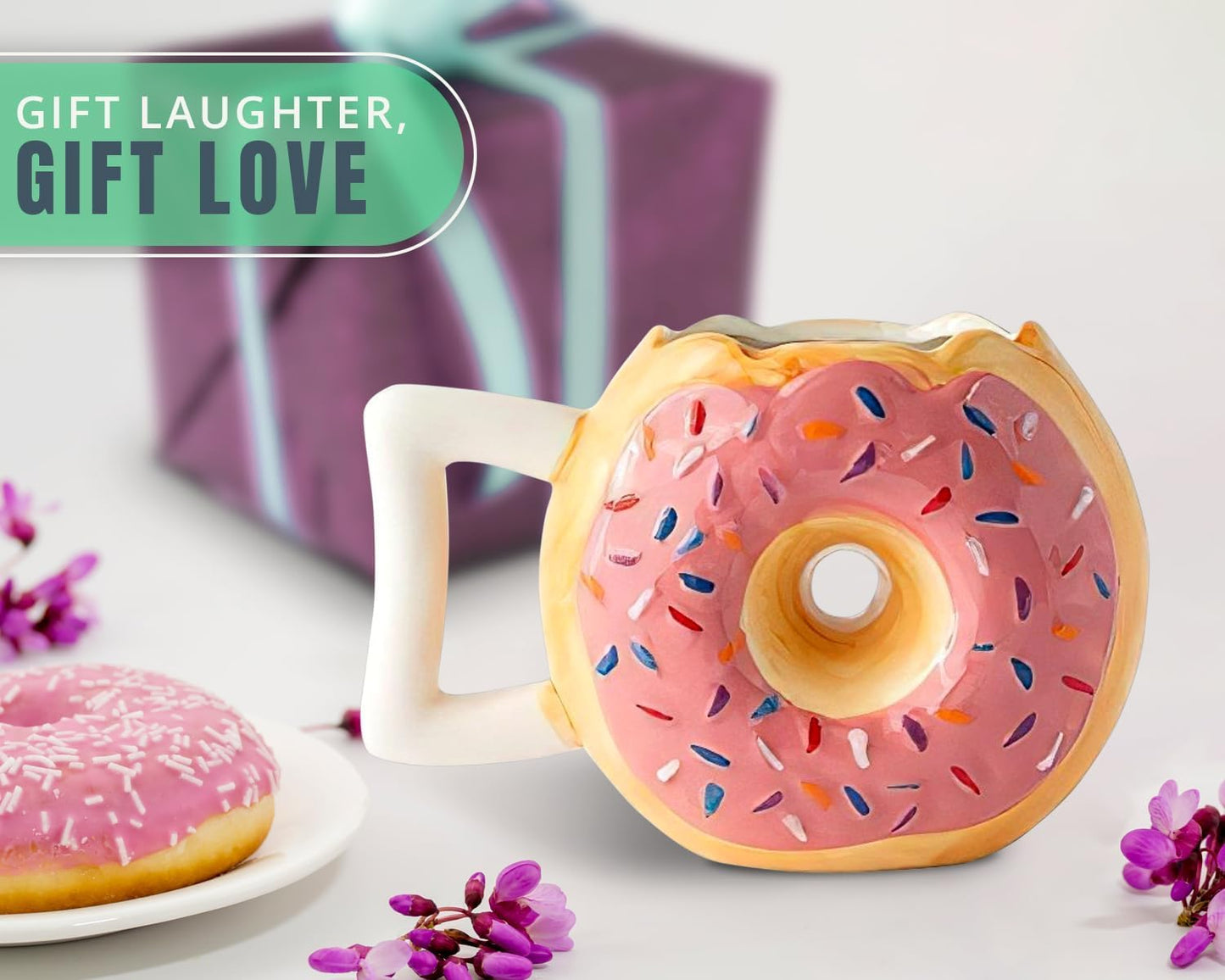 Pink Ceramic Donut Ring Coffee Mug – 14 Oz – Microwave Safe | Pink Glaze; Ceramic Donut Ring; 14 Oz; 4.5"H X 6.75"W; Dishwasher & Microwave Safe; Handle; Ring Hole Limits Stirring