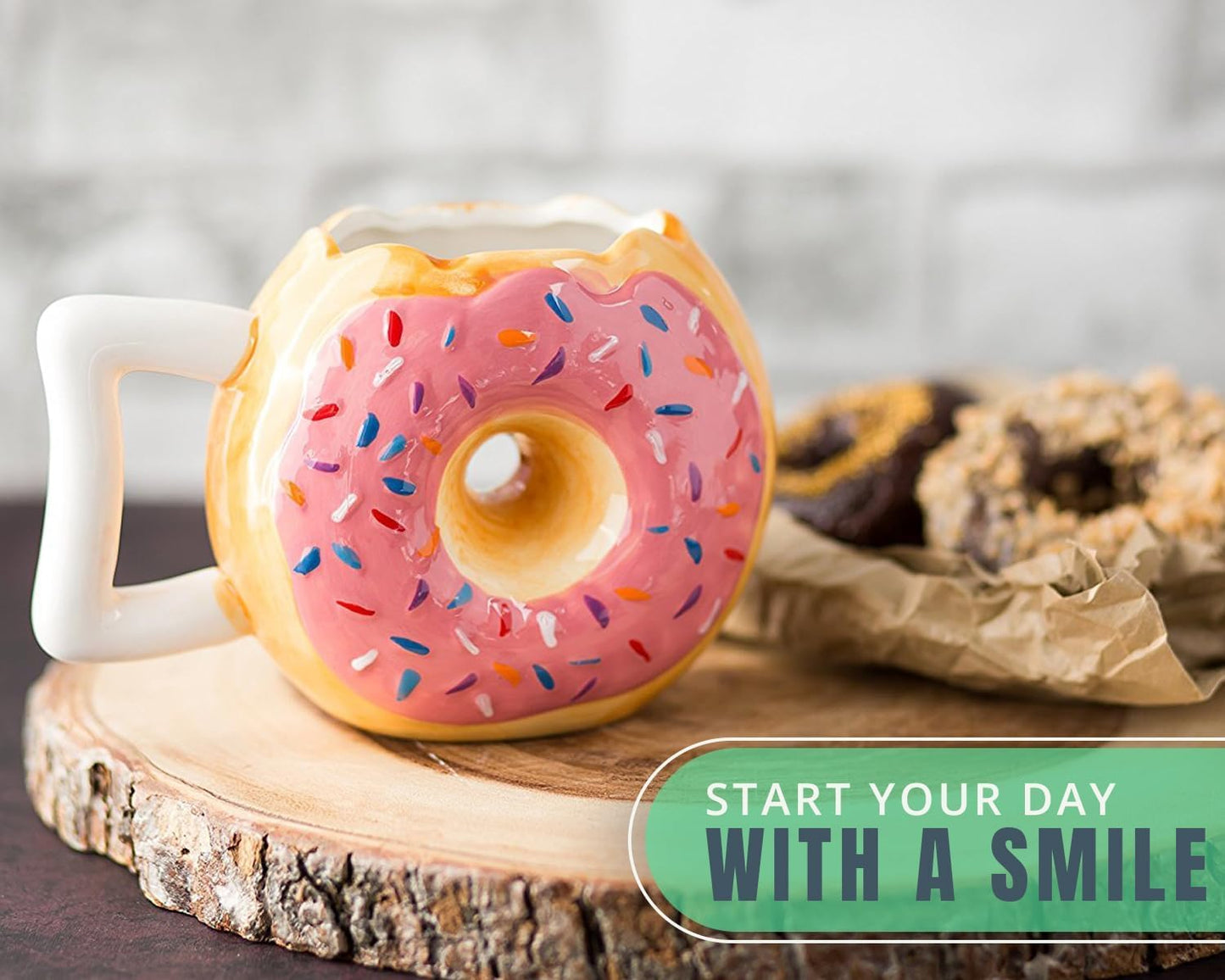 Pink Ceramic Donut Ring Coffee Mug – 14 Oz – Microwave Safe | Pink Glaze; Ceramic Donut Ring; 14 Oz; 4.5"H X 6.75"W; Dishwasher & Microwave Safe; Handle; Ring Hole Limits Stirring