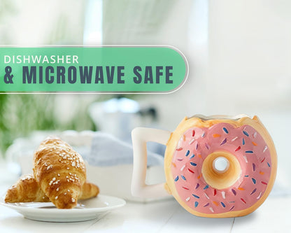 Pink Ceramic Donut Ring Coffee Mug – 14 Oz – Microwave Safe | Pink Glaze; Ceramic Donut Ring; 14 Oz; 4.5"H X 6.75"W; Dishwasher & Microwave Safe; Handle; Ring Hole Limits Stirring