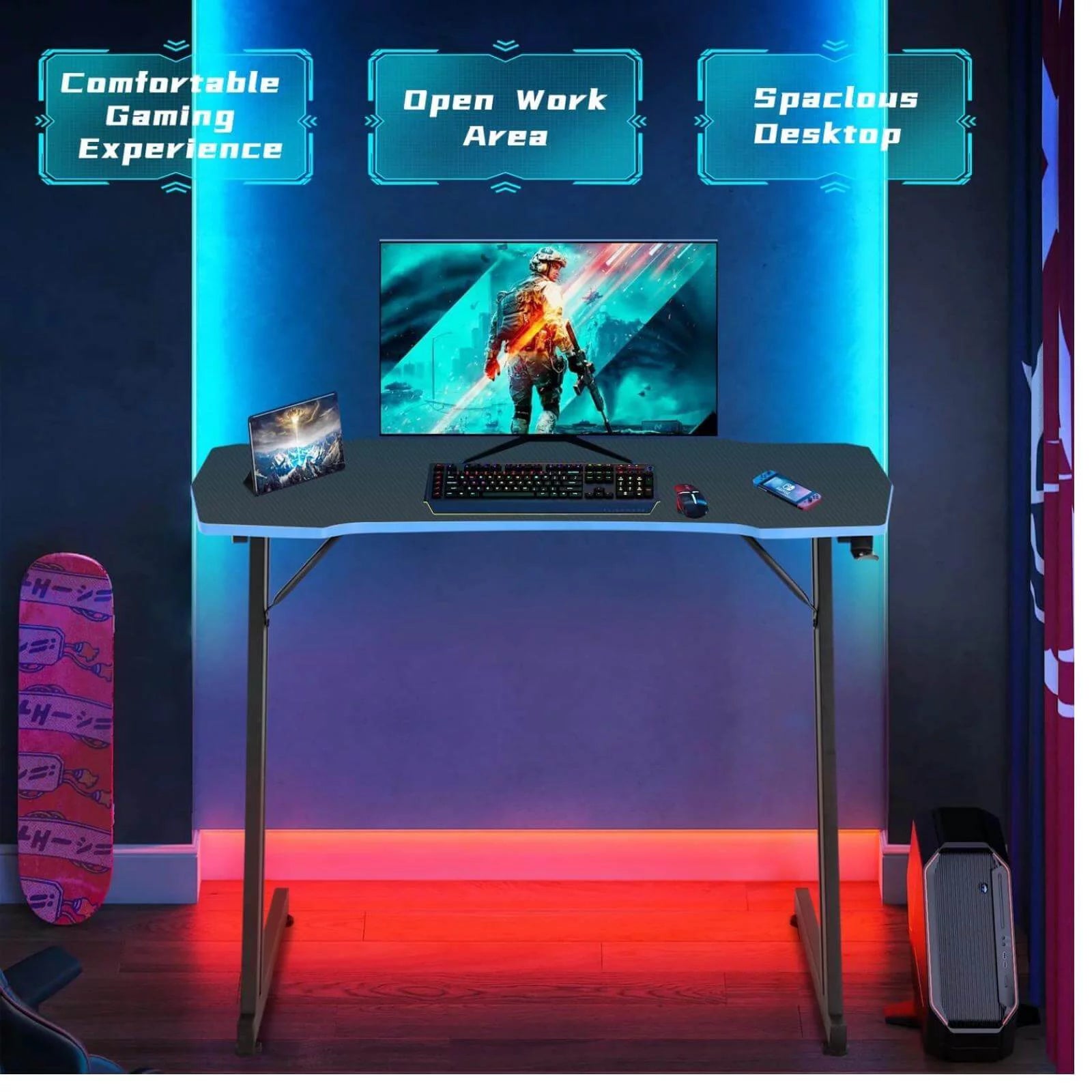 Gaming Desk 39.4 Inch Z-Shaped Computer Desk PC Computer Table Home Office Desk Ergonomic Gamer Workstation with Headphone Hook, Red