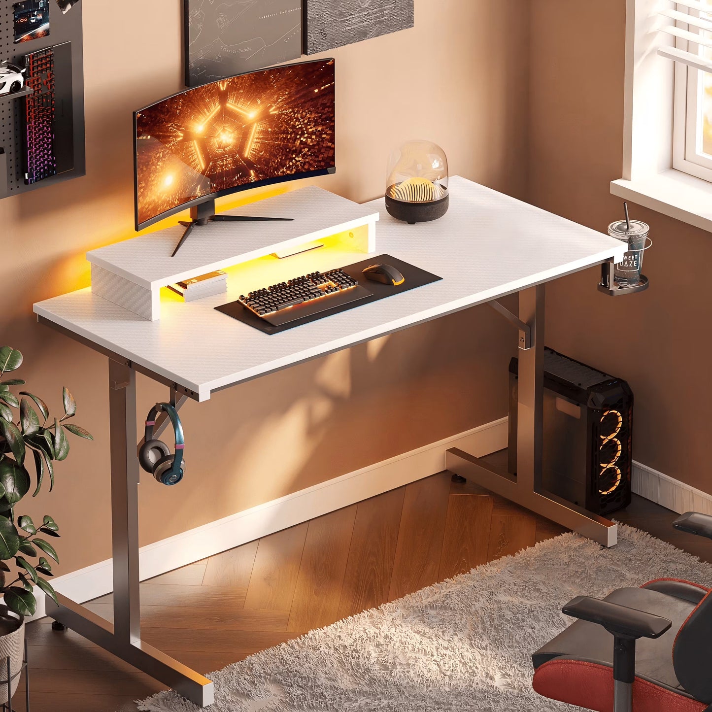 42 Inch LED Gaming Desk with Monitor Stand PC Computer Gamer Home Office Table in White