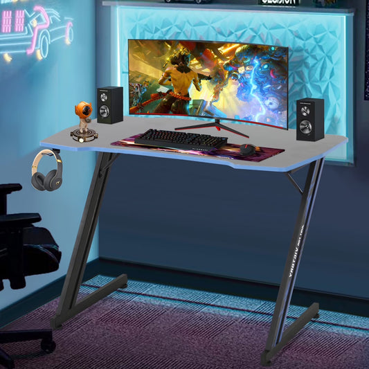 Gaming Desk 39.4 Inch Z-Shaped Computer Desk PC Computer Table Home Office Desk Ergonomic Gamer Workstation with Headphone Hook, Red